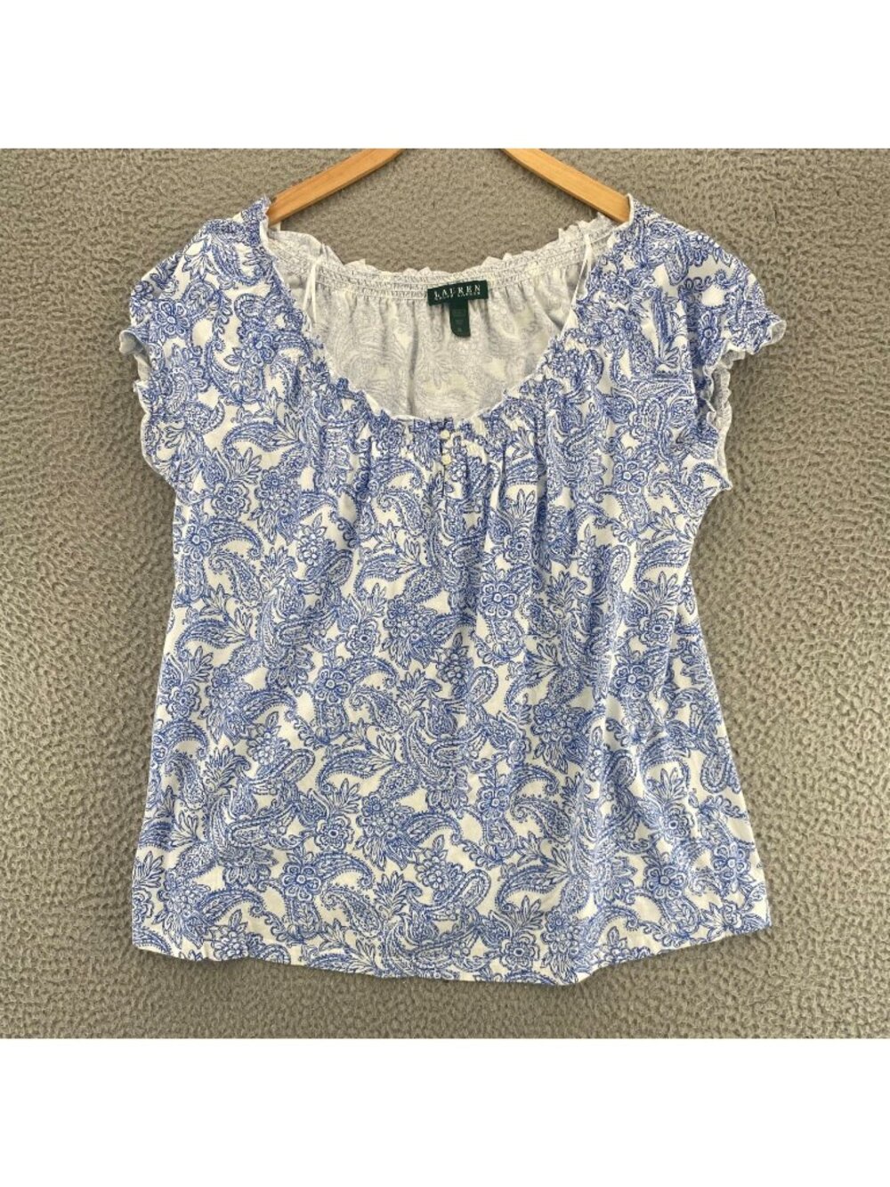 Lauren Ralph Lauren Top Womens Extra Large Blue White Floral Smocked Ruffle Neck